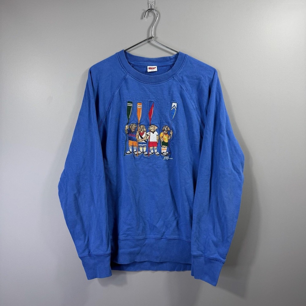 J Crew Sweatshirt Mens Medium Blue Rowing Dogs Embroidered Graphic Fleece
